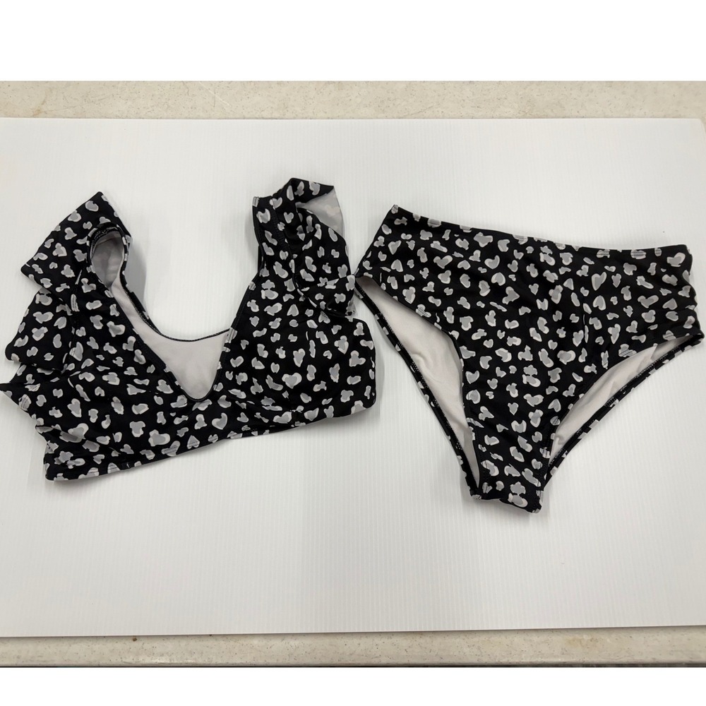 SHEIN Black White Heart Print Ruffle V-Neck Bikini Set High Waisted Large
